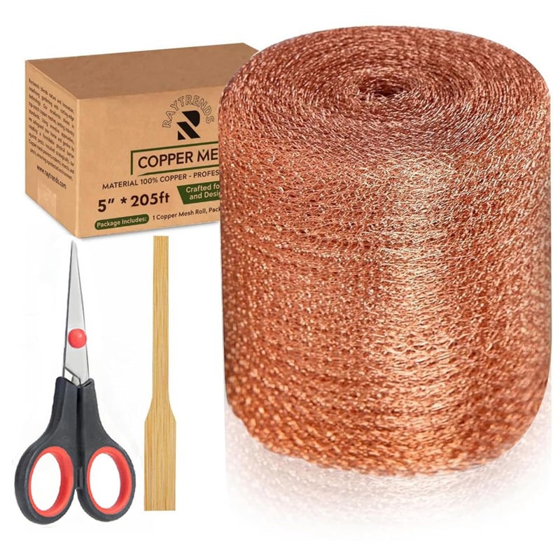 RAYTRENDS 3rd Gen Copper Mesh Rodent Control Kit 5" x 205ft, 100% Premium Copper Wool for Sealing Holes & Water Gaps, Blocks Slugs, Snails, Mice & Pests – with Scissors & Packing Tool - Image 1